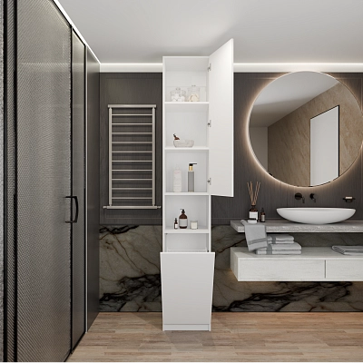 Шкаф-пенал с корзиной для белья и открытой полкой Япет Белый 